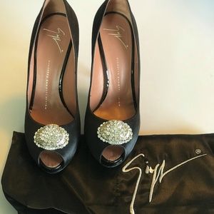 Giuseppe Zanotti Black Satin Peep Toe Pumps